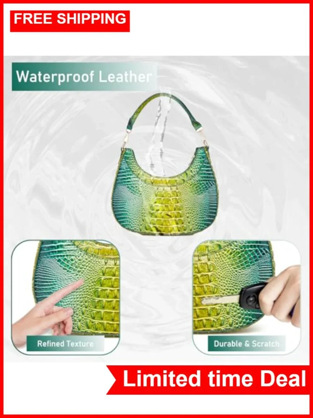 Crocodile Hobo Bag Women Vintage Crescent Shoulder Purse Vegan Leather Chic